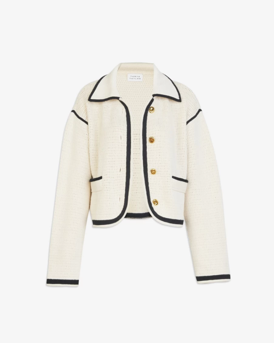 Tanya Taylor Women's Indra Knit Jacket in Cream & Black - Stylish Crewneck Sweater