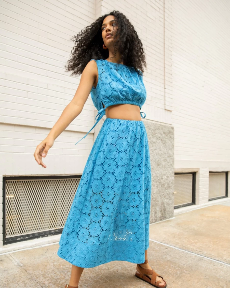 Tanya Taylor Women's Lagoon Blue Sienna Skirt - Elegant Floral Midi Skirt