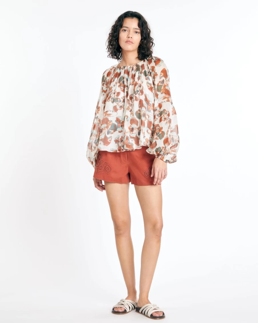 "Tanya Taylor Elaine Top for Women - Chalk Multi Floral Print Blouse"