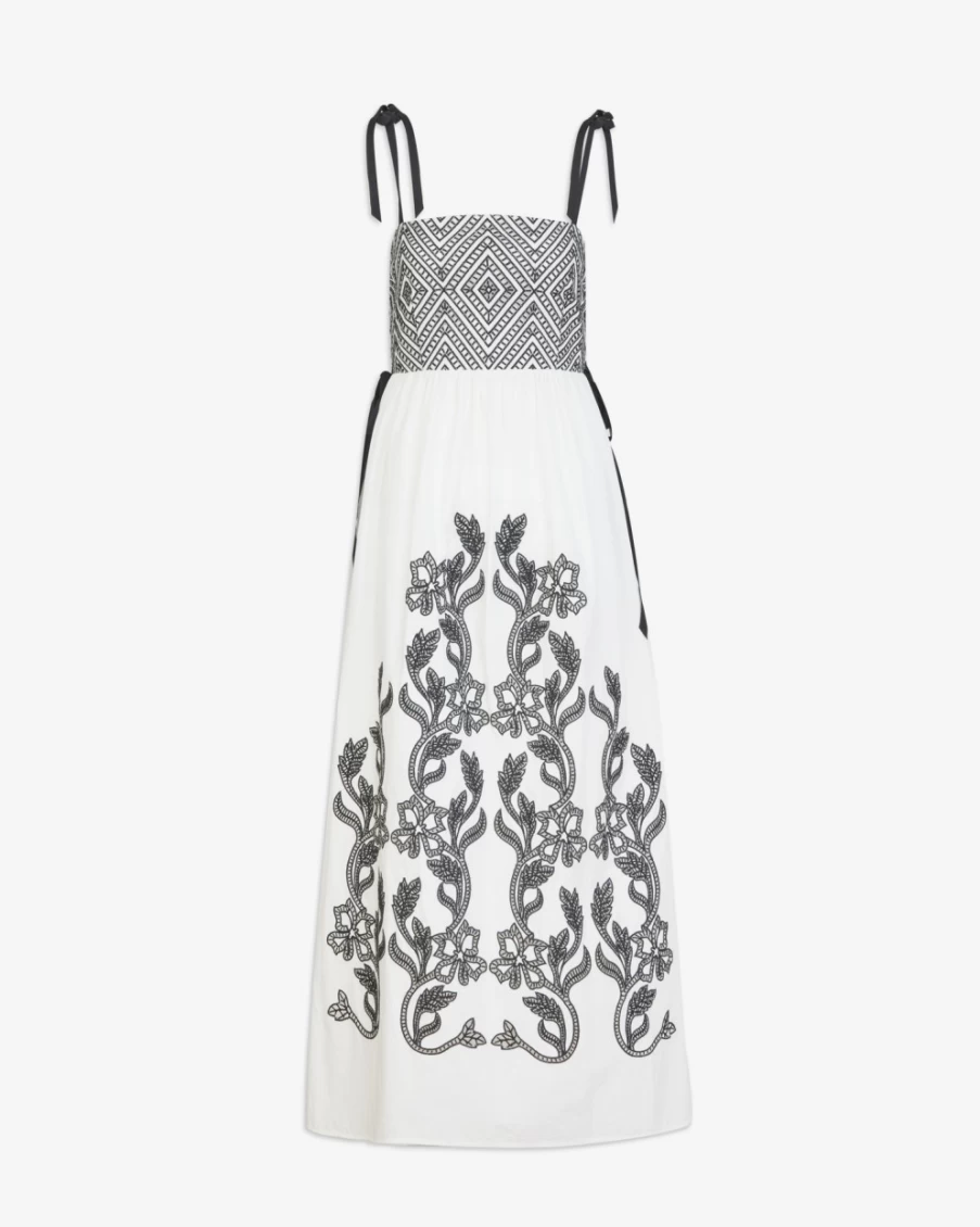 Tanya Taylor Women's Yasmine Dress in Optic White & Black - Elegant Floral Print Summer Dress