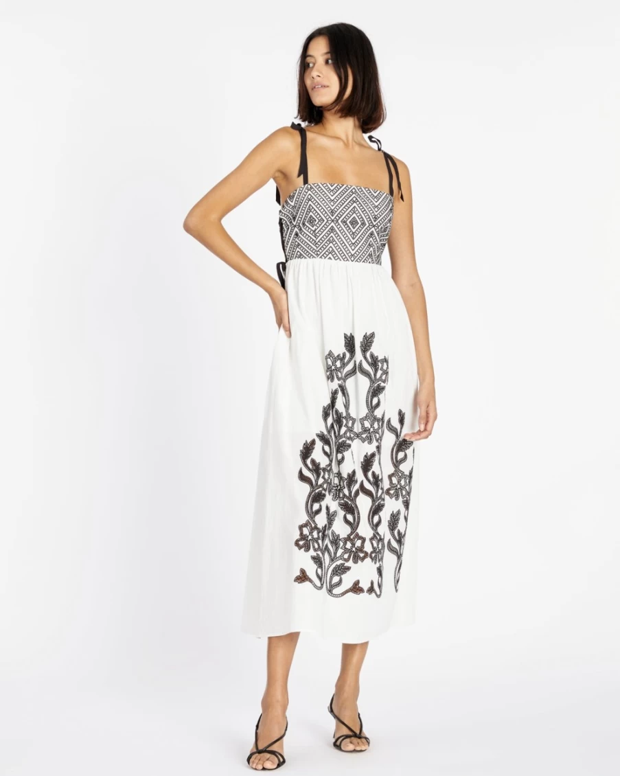 Tanya Taylor Women's Yasmine Dress in Optic White & Black - Elegant Floral Print Summer Dress