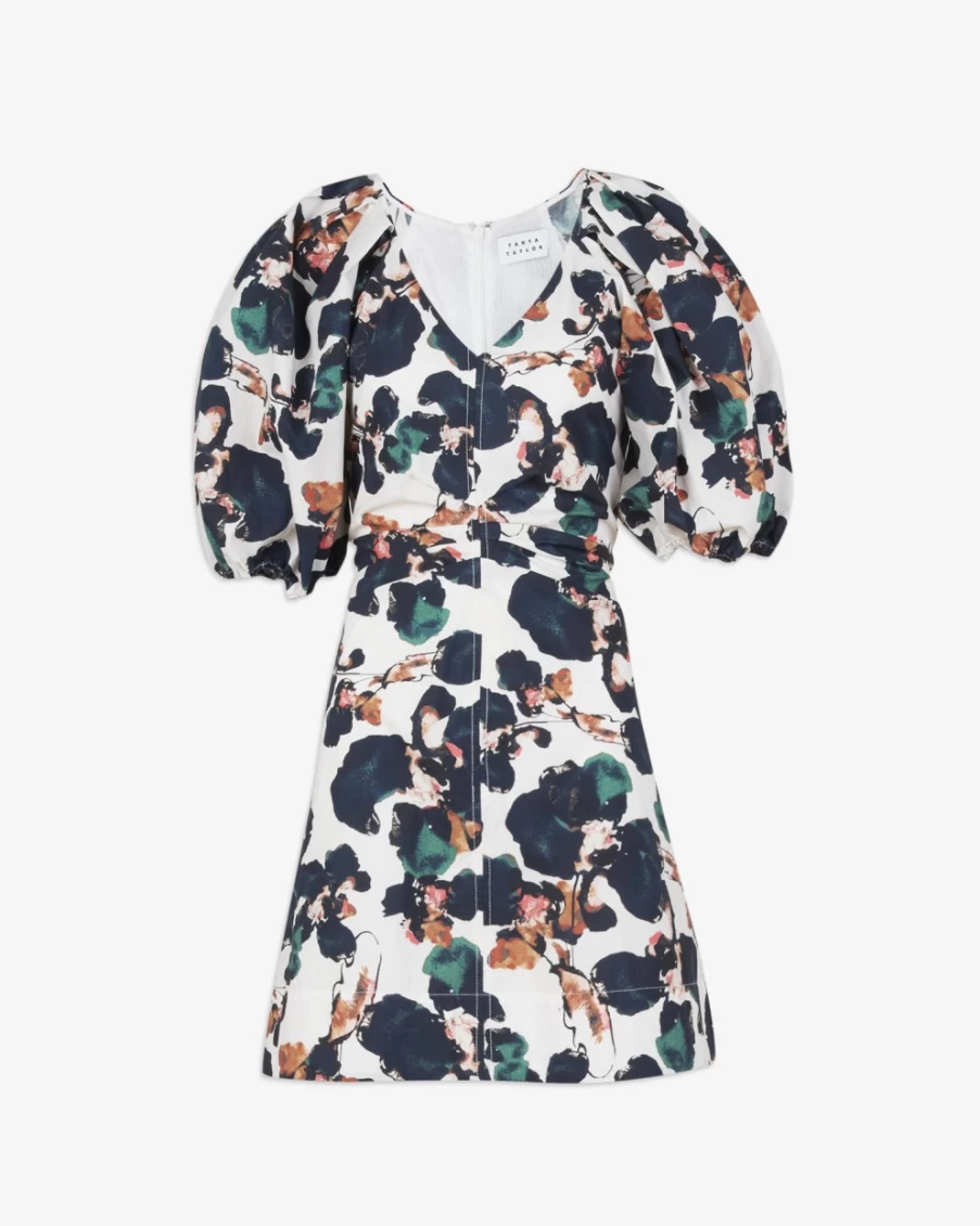 "Tanya Taylor Women's Lacey Dress in Black/Chalk Multi - Floral Elegant Mini Dress"