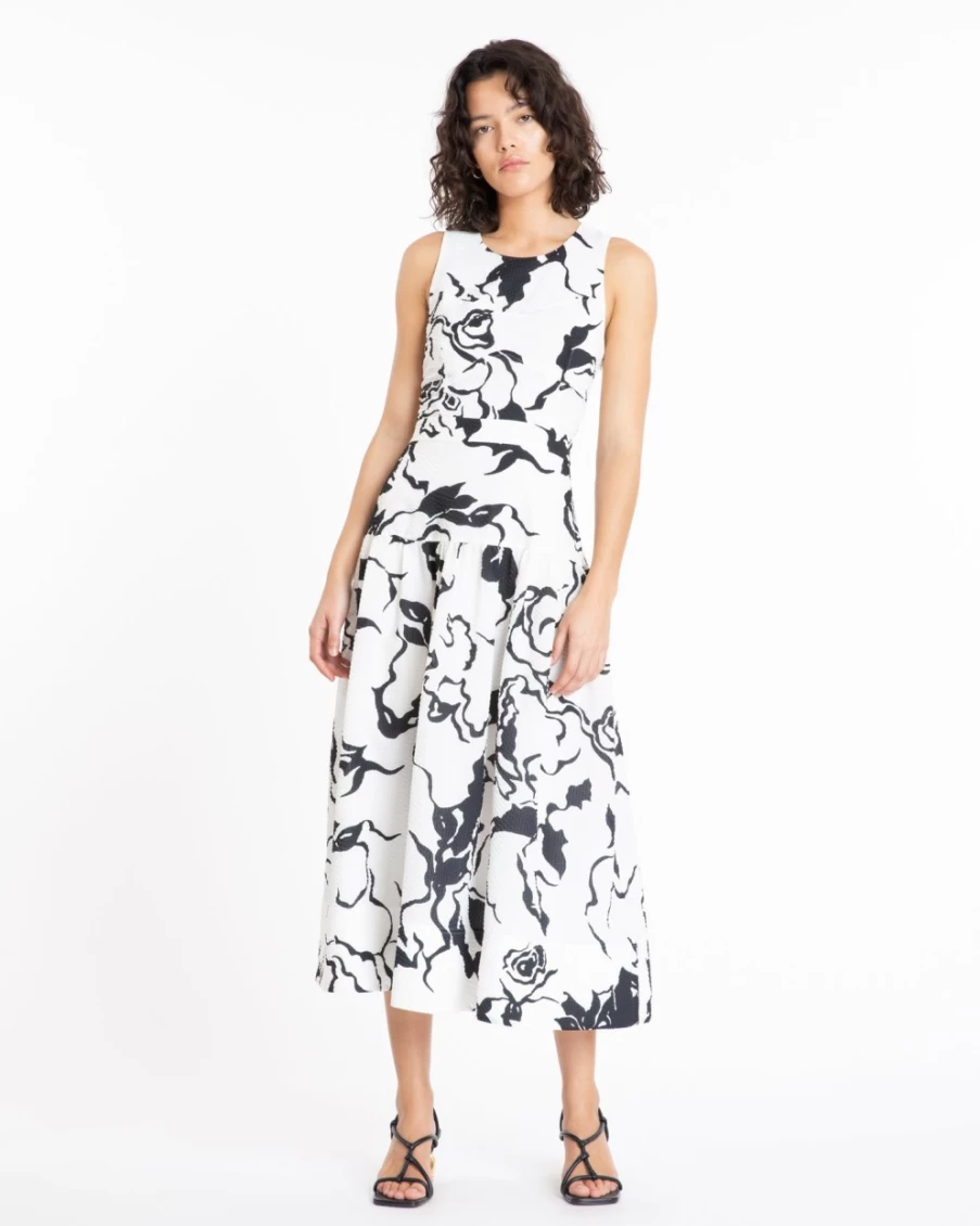 Tanya Taylor Women's Jackie Dress in Cream & Black - Elegant Floral Fit & Flare Style