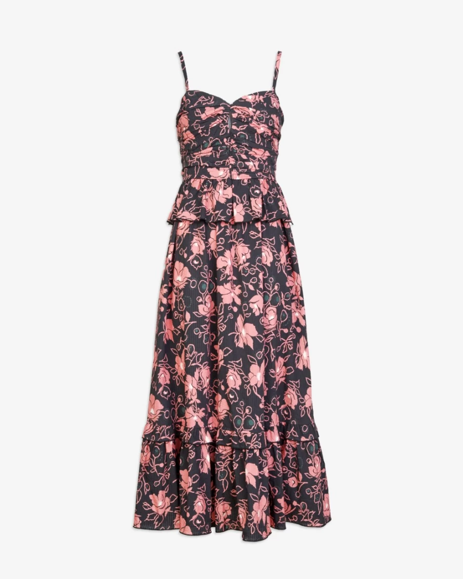 "Tanya Taylor Women's Tessa Dress in Black Multi - Elegant Floral Print Summer Dress"