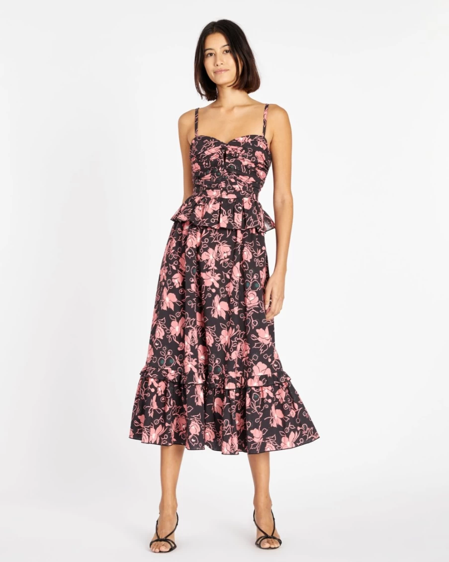 "Tanya Taylor Women's Tessa Dress in Black Multi - Elegant Floral Print Summer Dress"