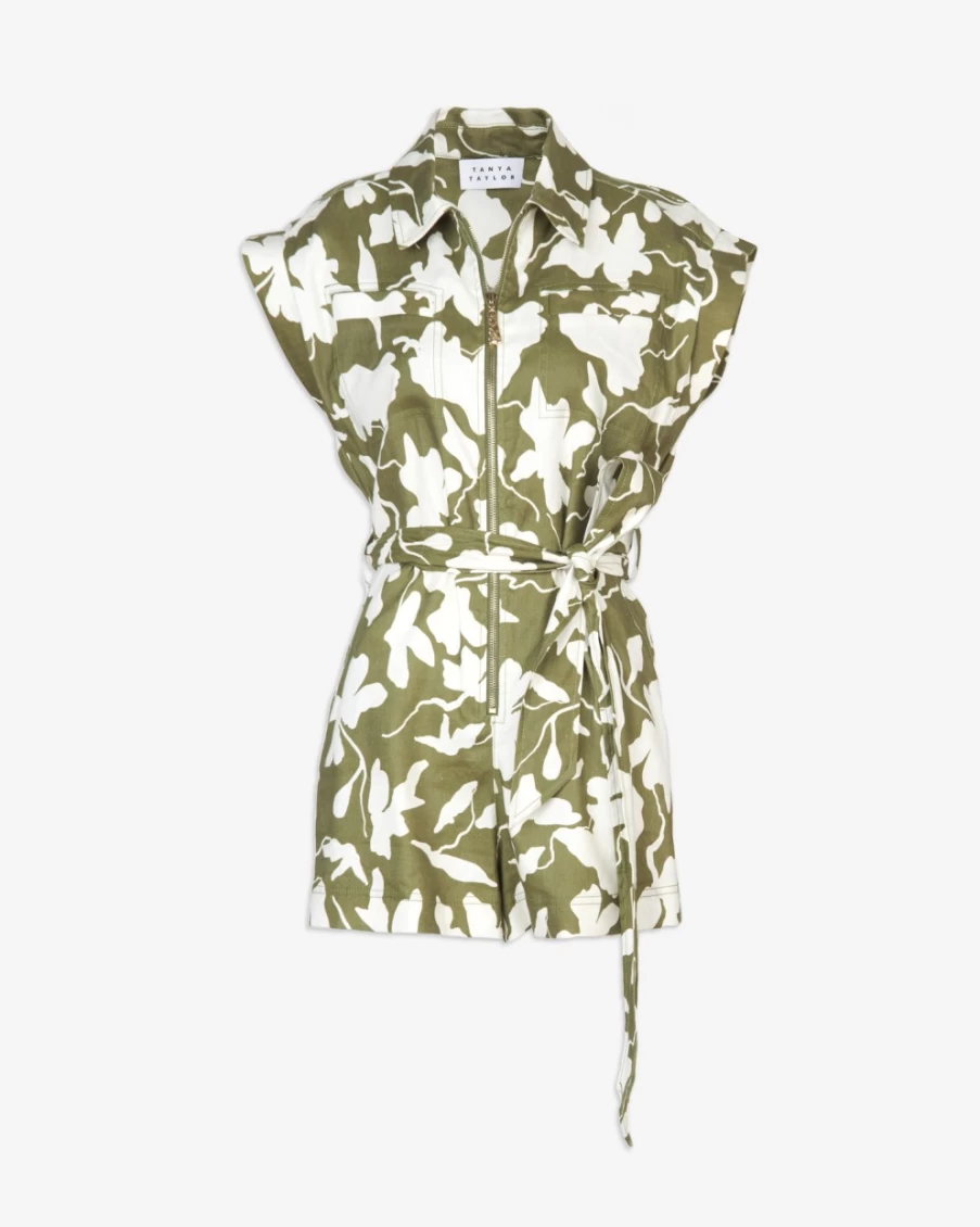 Tanya Taylor Women's Skye Romper in Moss/Chalk - Stylish Casual Jumpsuit