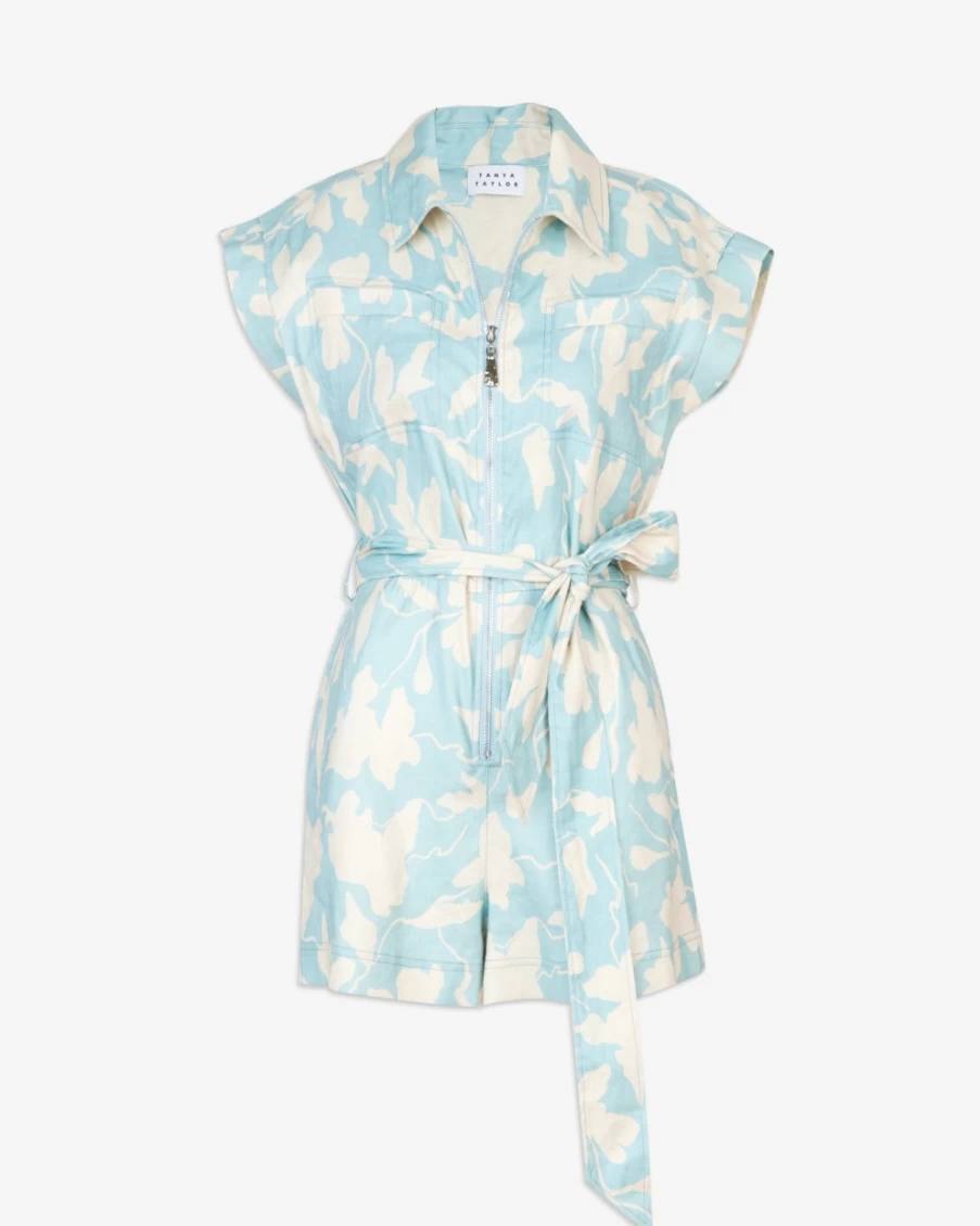 "Tanya Taylor Women's Skye Romper in Cameo Blue & Sand | Stylish Summer Jumpsuit"