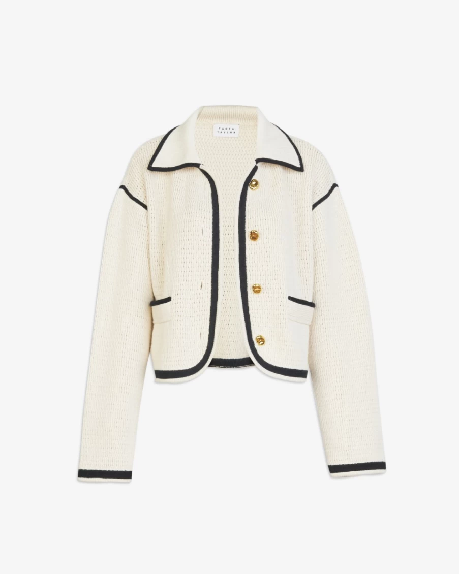 Tanya Taylor Women's Indra Knit Jacket in Cream & Black - Stylish Crewneck Cardigan