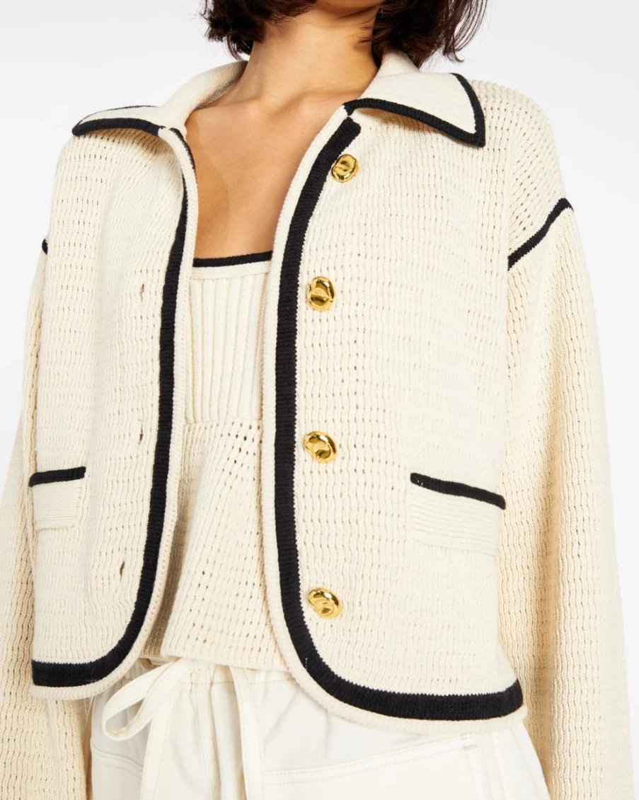 Tanya Taylor Women's Indra Knit Jacket in Cream & Black - Stylish Crewneck Cardigan