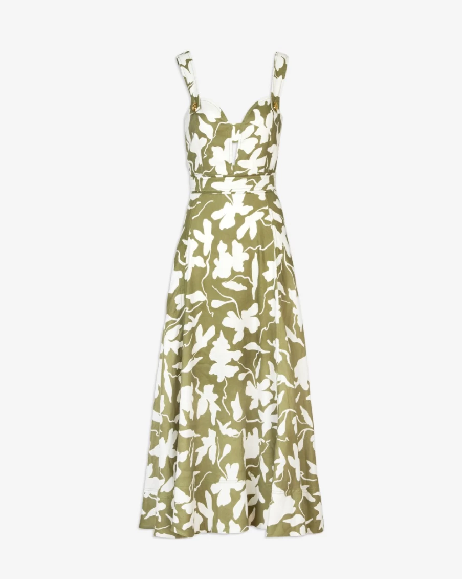 Tanya Taylor Women's Everleigh Dress in Moss/Chalk - Elegant Floral Printed Midi Dress
