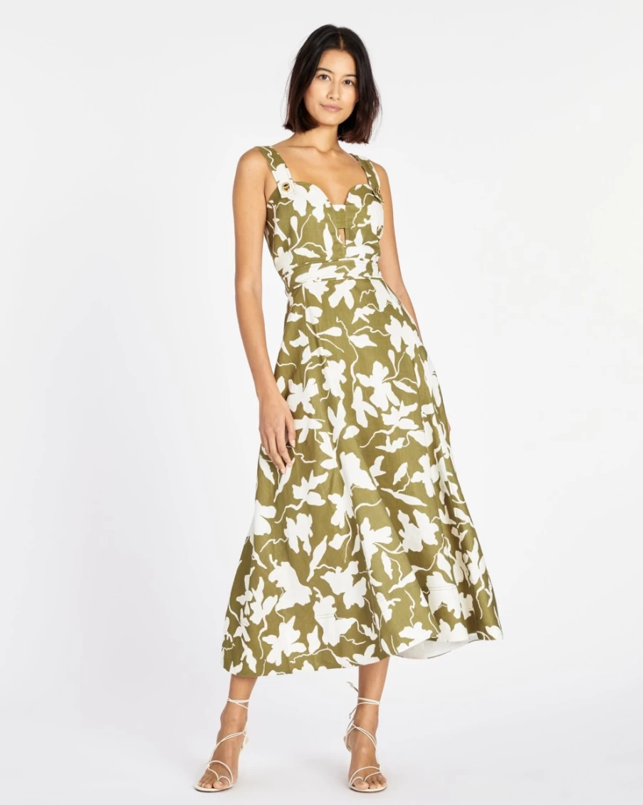 Tanya Taylor Women's Everleigh Dress in Moss/Chalk - Elegant Floral Printed Midi Dress