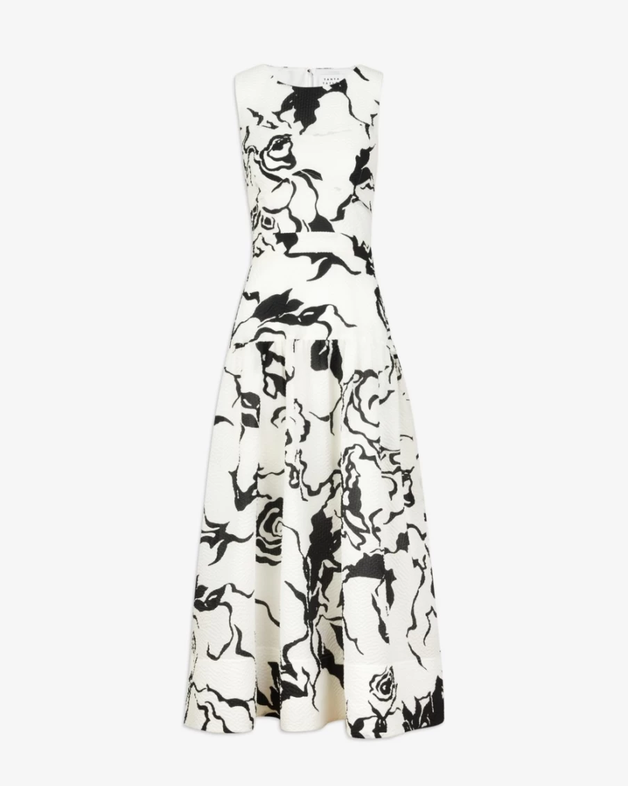 Tanya Taylor Women's Jackie Dress in Cream & Black - Elegant Floral Printed A-Line Dress
