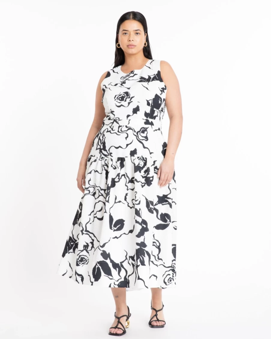 Tanya Taylor Women's Jackie Dress in Cream & Black - Elegant Floral Printed A-Line Dress